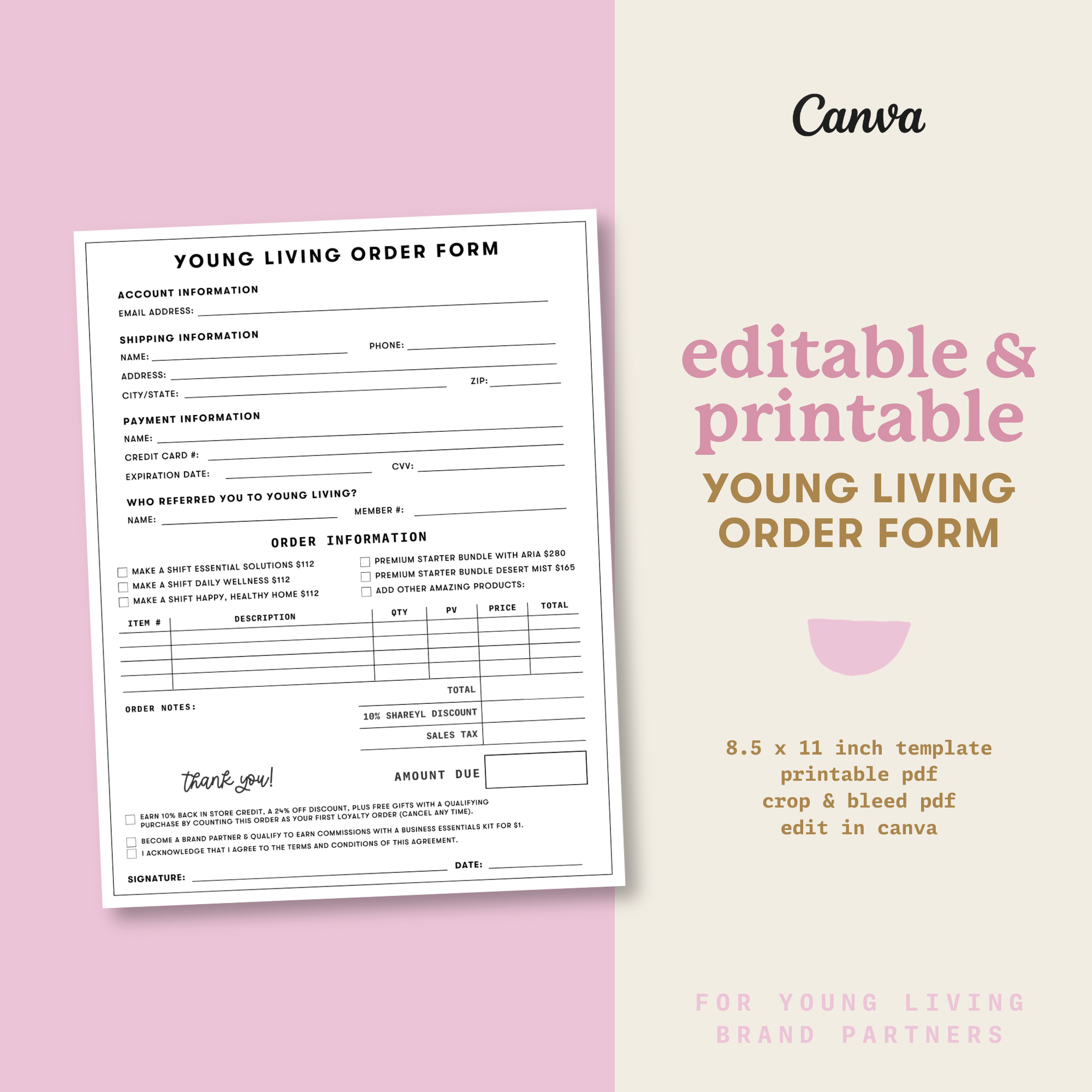 Young Living Printable Order Form | Editable Canva Template | Digital Download